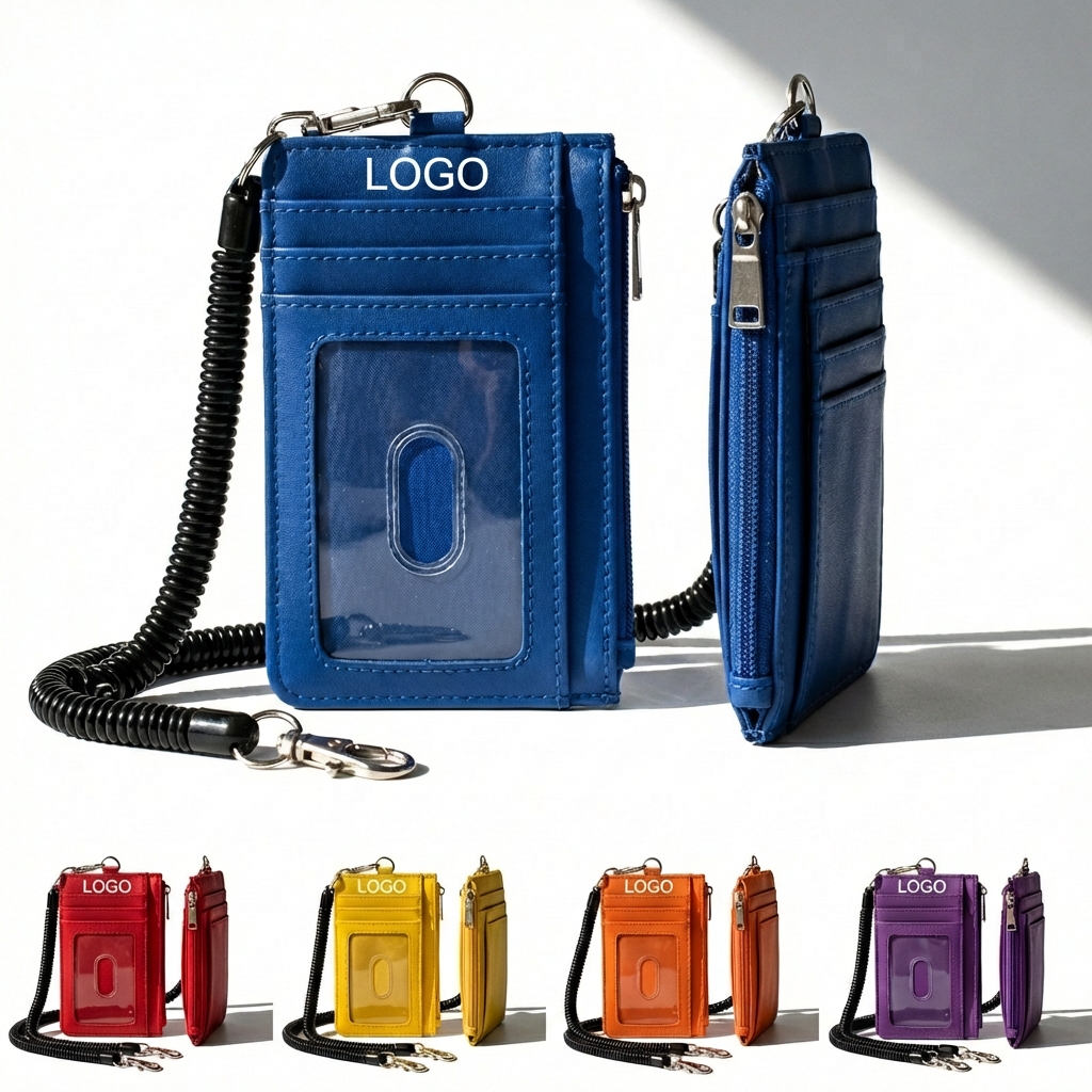 Secure Zippered ID Badge Holder with Lanyard - Premium Synthetic Leather