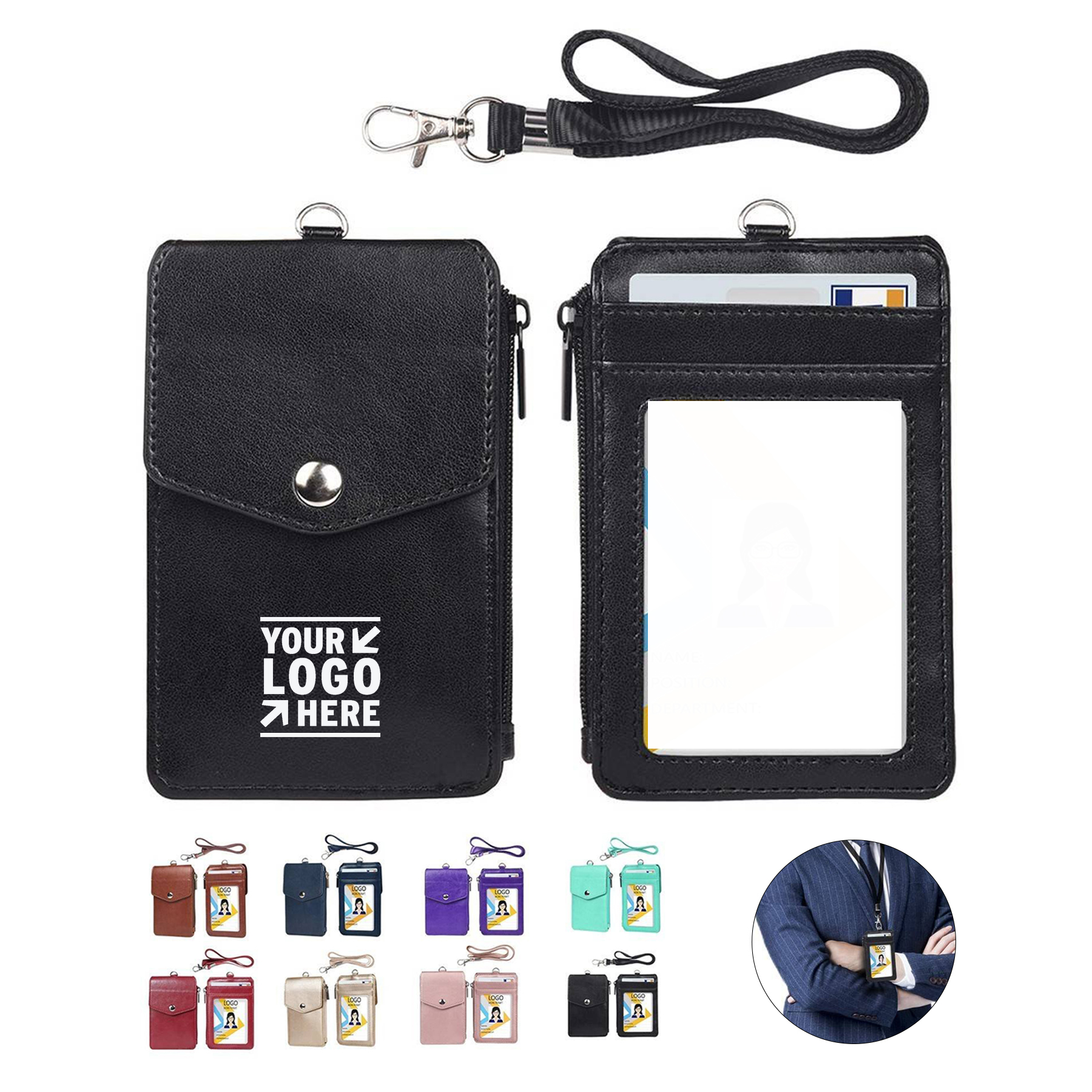 Synthetic Leather ID Card Holder with Neck Strap