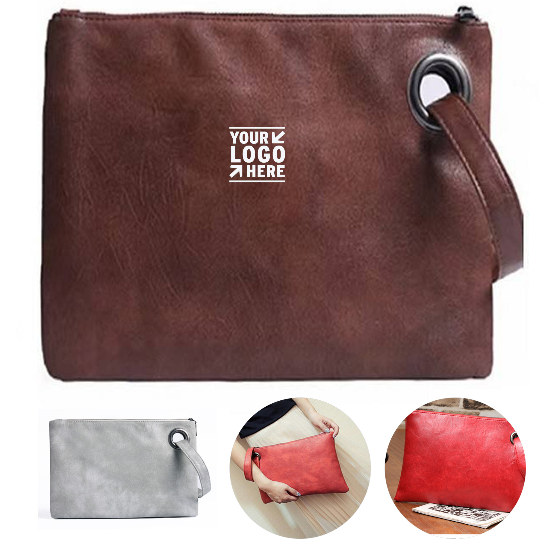 Fashionable Leather Zipper Wristlet Clutch