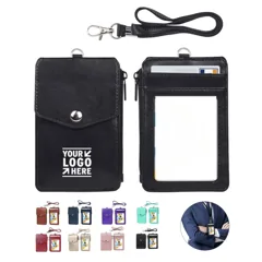 Synthetic Leather ID Card Holder with Neck Strap